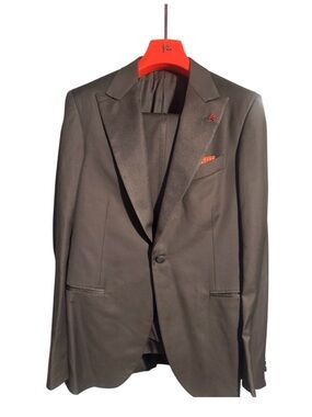 Isaia Black Satin-Lapel Single-Breasted Suit Jacket with Orange Pocket Accent